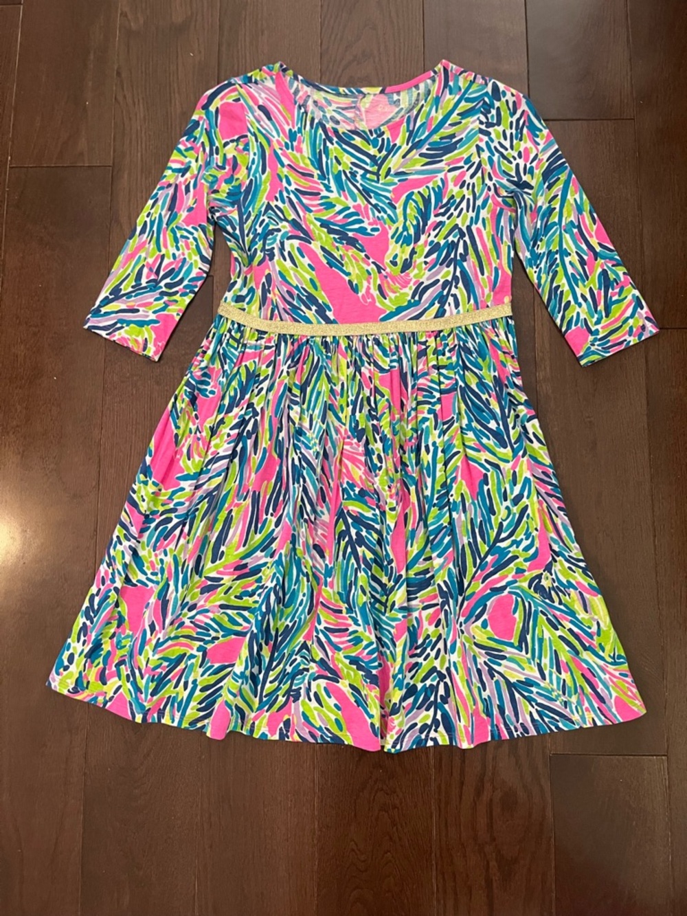 Lilly Pulitzer Pink Multi-Color Printed Girls Dress with Gold Waist Trim